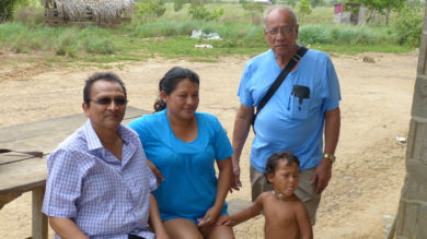 Kumar Mahabir (left), Amerindian Official Gertrude Henrico and Jai Sears at Nappi Settlement in the Rupununi Savannah